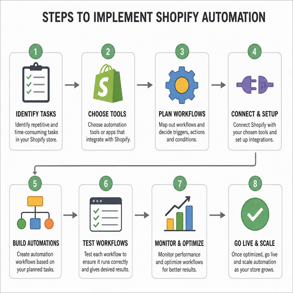 Eight-step diagram for implementing Shopify automation: identify tasks, choose tools, plan workflows, connect and setup, build automations, test workflows, monitor and optimize, go live and scale