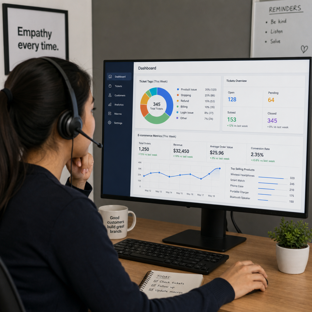 Customer support agent reviewing a helpdesk dashboard with ticket tags and e-commerce metrics