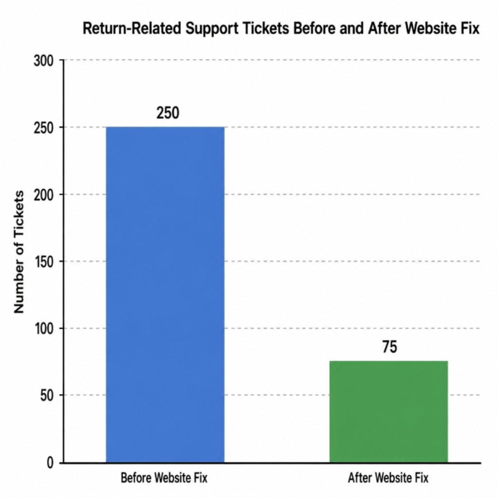 Bar chart comparing return-related support tickets before and after a website fix, dropping from 250 to 75