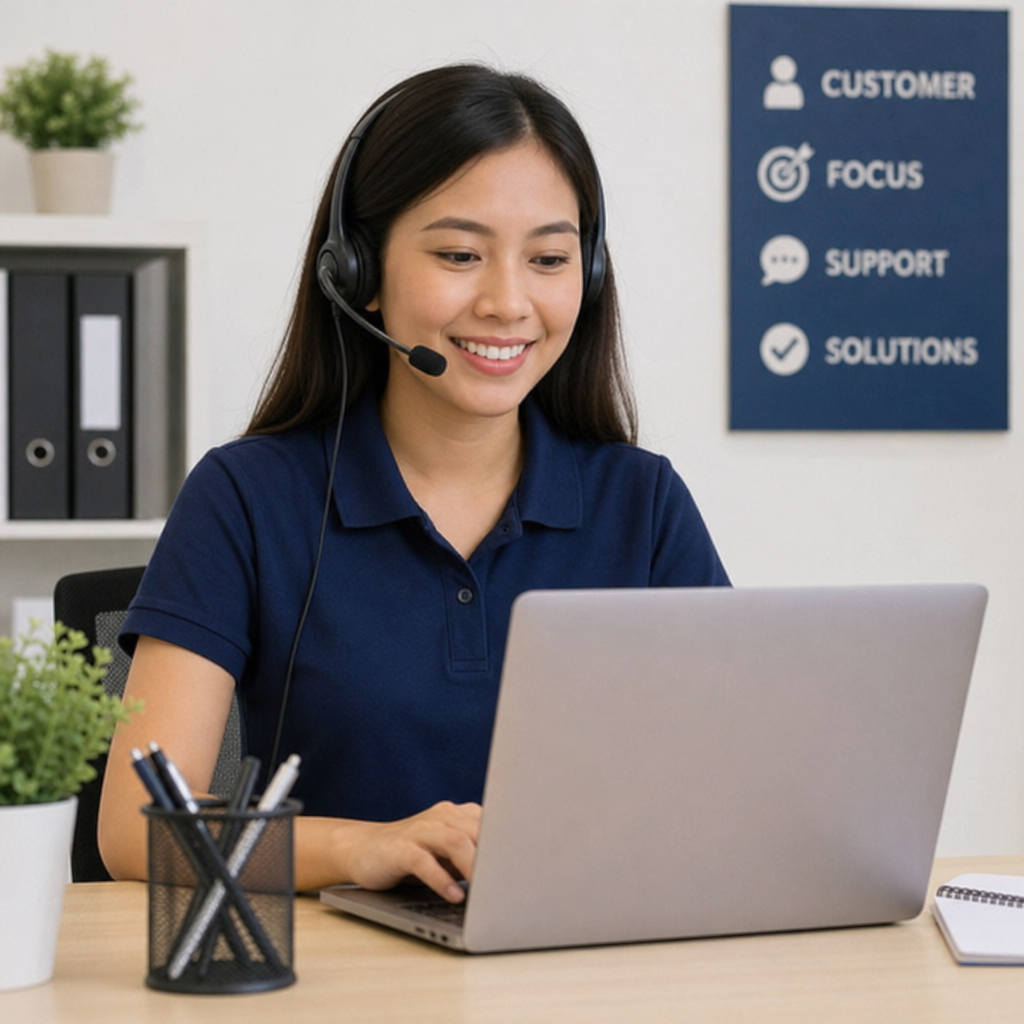 Smiling support agent wearing a headset working on a laptop