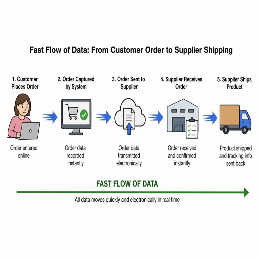 Fast Flow of Data: From Customer Order to Supplier Shipping — Customer Places Order, Order Captured by System, Order Sent to Supplier, Supplier Receives Order, Supplier Ships Product