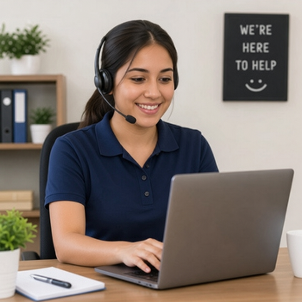 A friendly customer support agent wearing a headset working at a laptop with a 'We're here to help' sign in the background