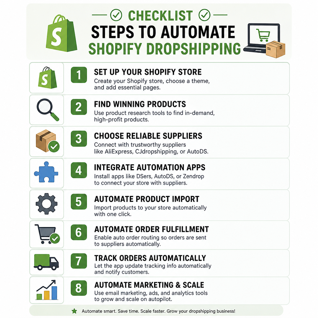 Checklist: Steps to Automate Shopify Dropshipping — set up your Shopify store, find winning products, choose reliable suppliers, integrate automation apps, automate product import, automate order fulfillment, track orders automatically, and automate marketing & scale