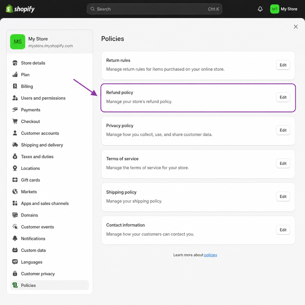 Shopify admin Policies page showing Refund policy highlighted