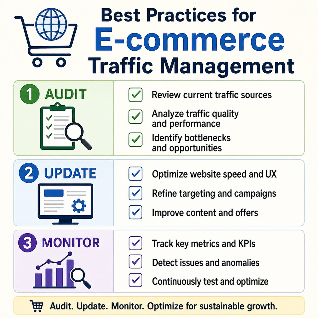 Best Practices for E-commerce Traffic Management — three-step framework: 1) Audit (review current traffic sources, analyze traffic quality and performance, identify bottlenecks and opportunities), 2) Update (optimize website speed and UX, refine targeting and campaigns, improve content and offers), 3) Monitor (track key metrics and KPIs, detect issues and anomalies, continuously test and optimize).
