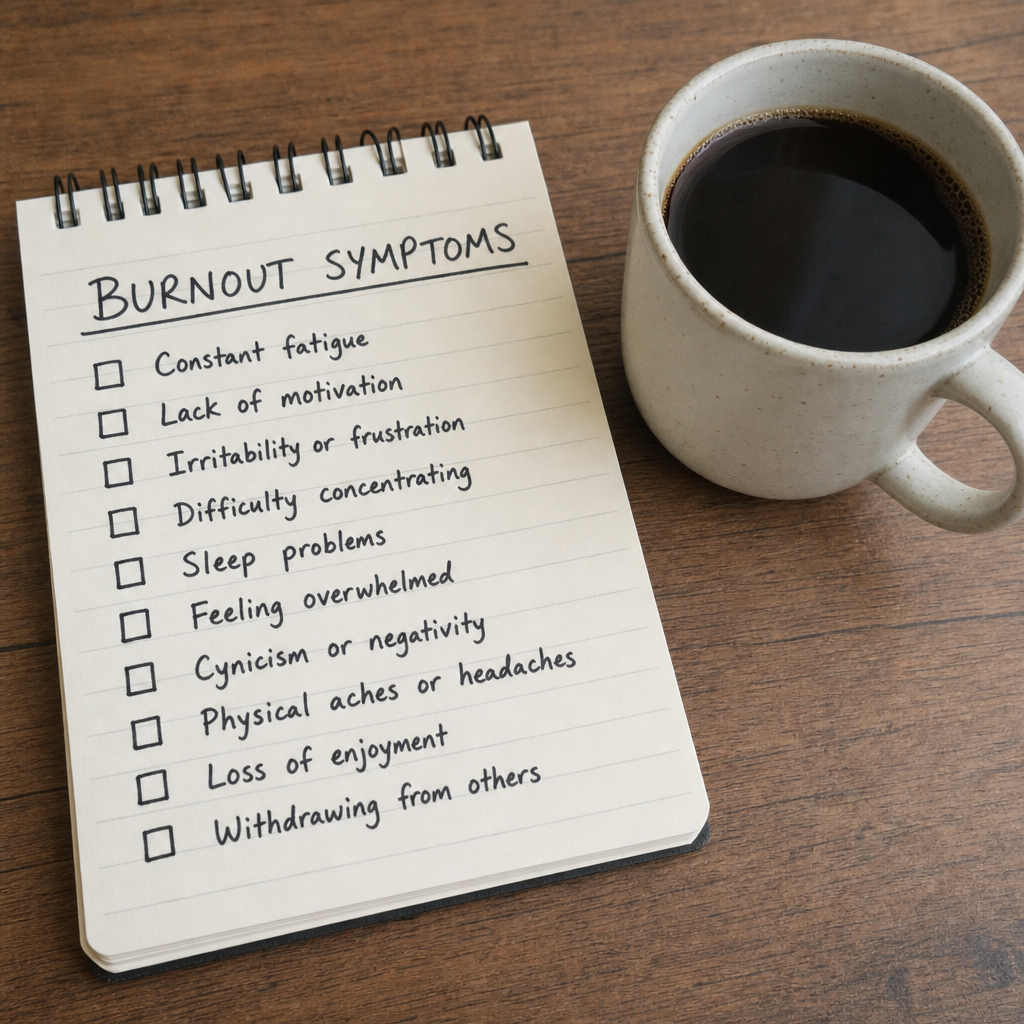 A notepad titled 'Burnout Symptoms' listing constant fatigue, lack of motivation, irritability or frustration, difficulty concentrating, sleep problems, feeling overwhelmed, cynicism or negativity, physical aches or headaches, loss of enjoyment, and withdrawing from others, next to a coffee mug.
