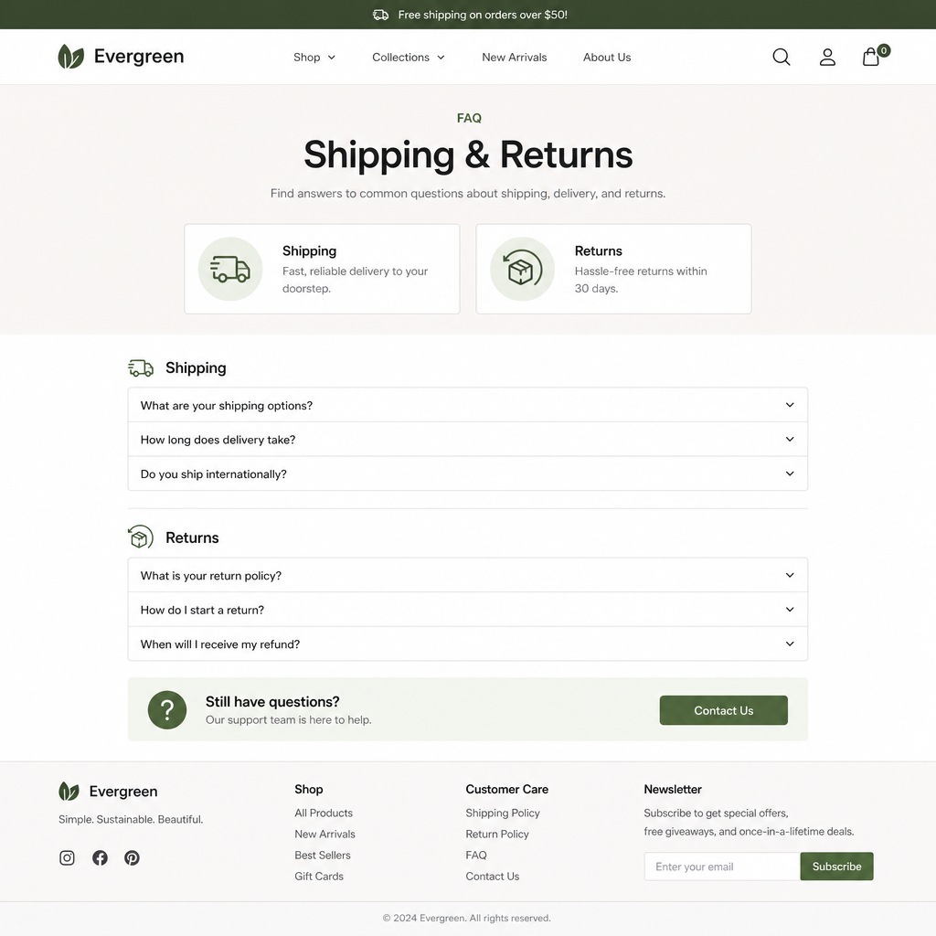 A clean, well-organized Shopify FAQ page design highlighting shipping and return policies