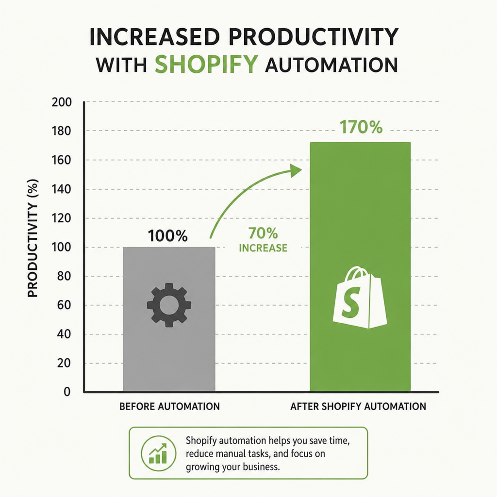 Bar chart showing a 70% productivity increase after implementing Shopify automation