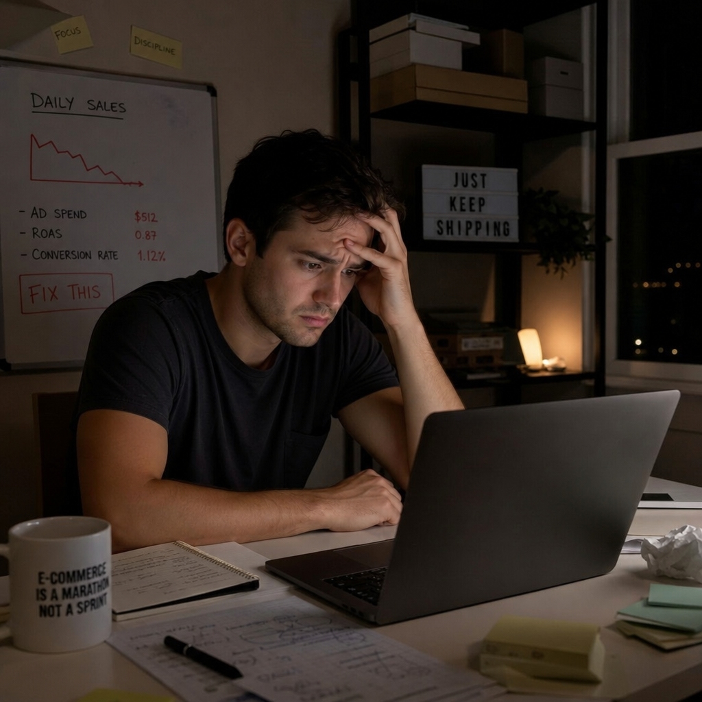 A founder sitting at a desk looking stressed at a laptop, with a whiteboard behind him showing declining sales data.