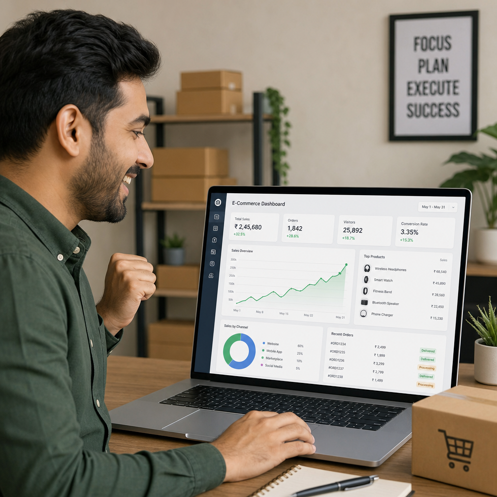 E-commerce dashboard showing total sales, orders, visitors, conversion rate, sales overview chart, top products, and recent orders
