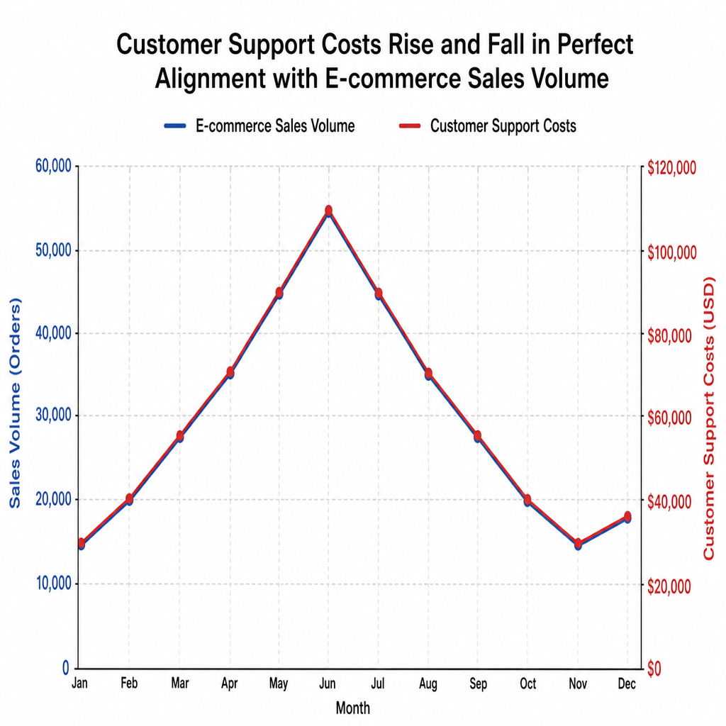 A graph showing customer support costs rising and falling in perfect alignment with e-commerce sales volume