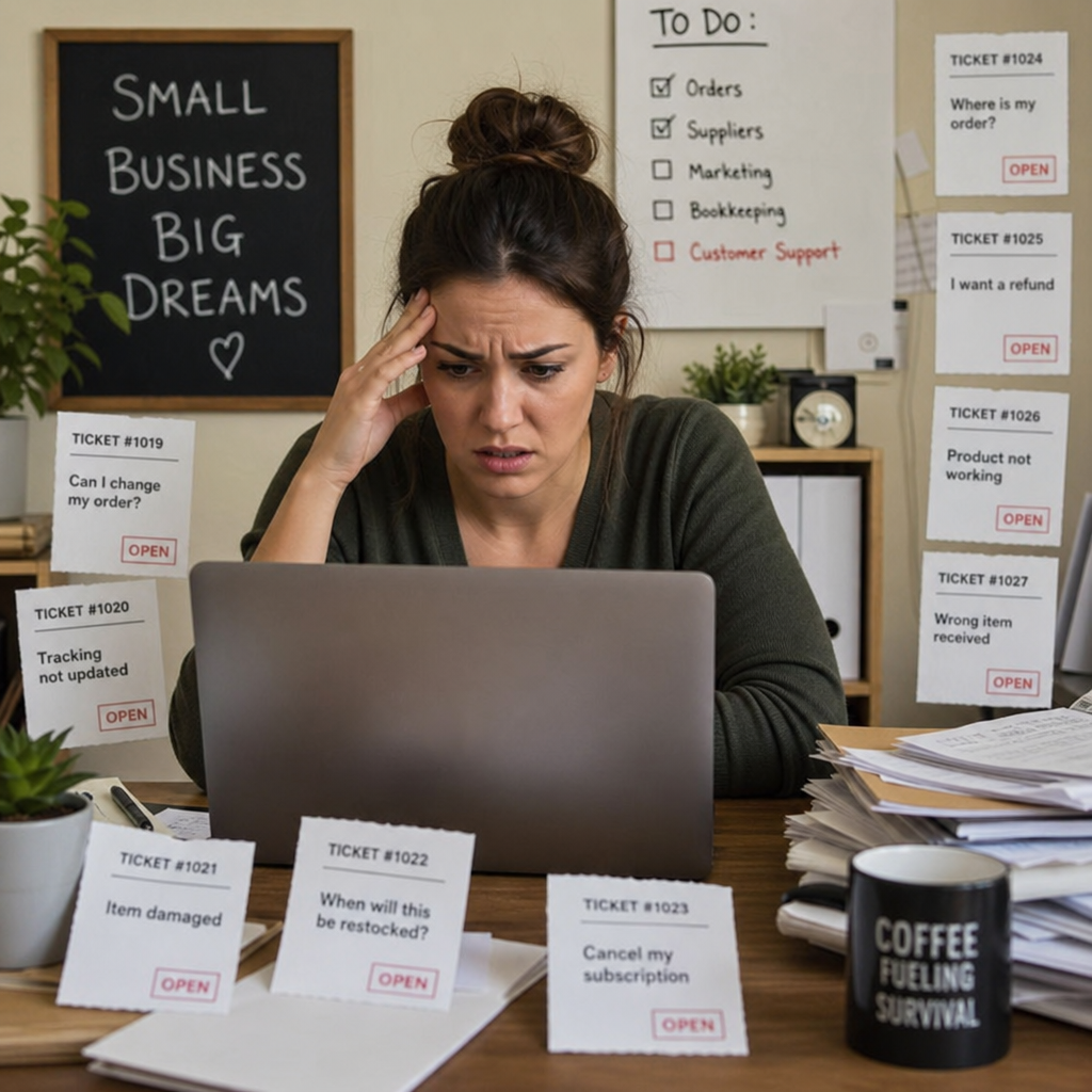 A frustrated small business owner looking at a laptop, surrounded by customer support tickets