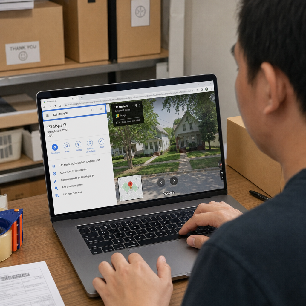 Store owner using Google Maps Street View to verify a shipping address on a laptop