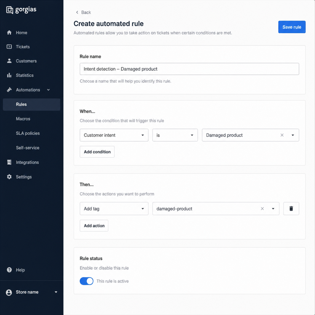 Gorgias 'Create automated rule' screen configuring intent detection for damaged product tickets