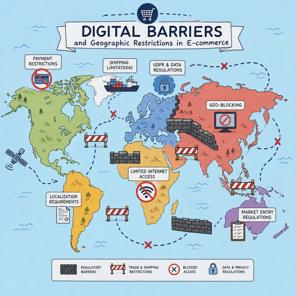 Digital Barriers and Geographic Restrictions in E-commerce — illustration of payment restrictions, shipping limitations, GDPR & data regulations, limited internet access, geo-blocking, localization requirements, and market entry regulations across a world map.