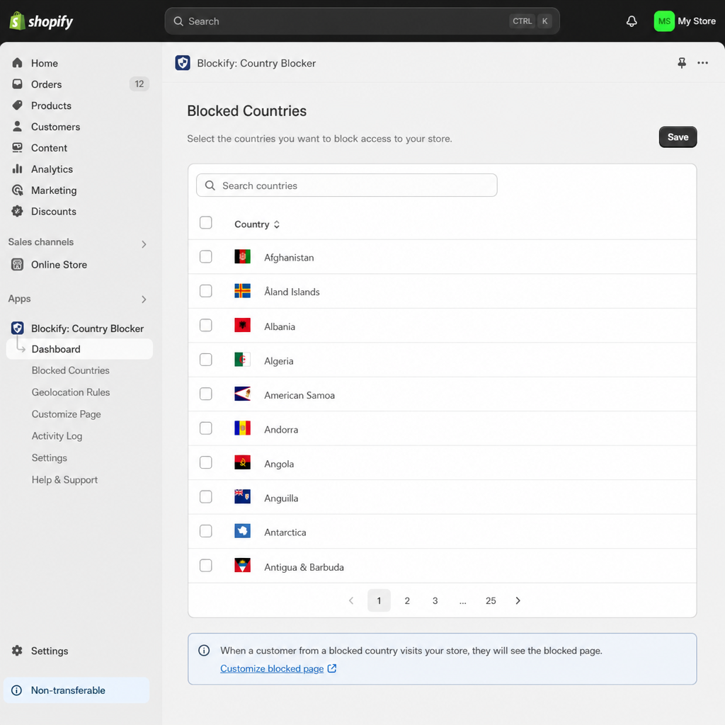 Blockify: Country Blocker app inside the Shopify admin — Blocked Countries screen showing a searchable list of countries (Afghanistan, Åland Islands, Albania, Algeria, American Samoa, Andorra, Angola, Anguilla, Antarctica, Antigua & Barbuda) with checkboxes to select countries to block.