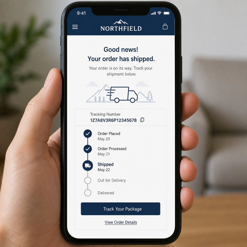 Mobile shipping notification: Good news! Your order has shipped — with tracking number and order status timeline from Order Placed to Delivered