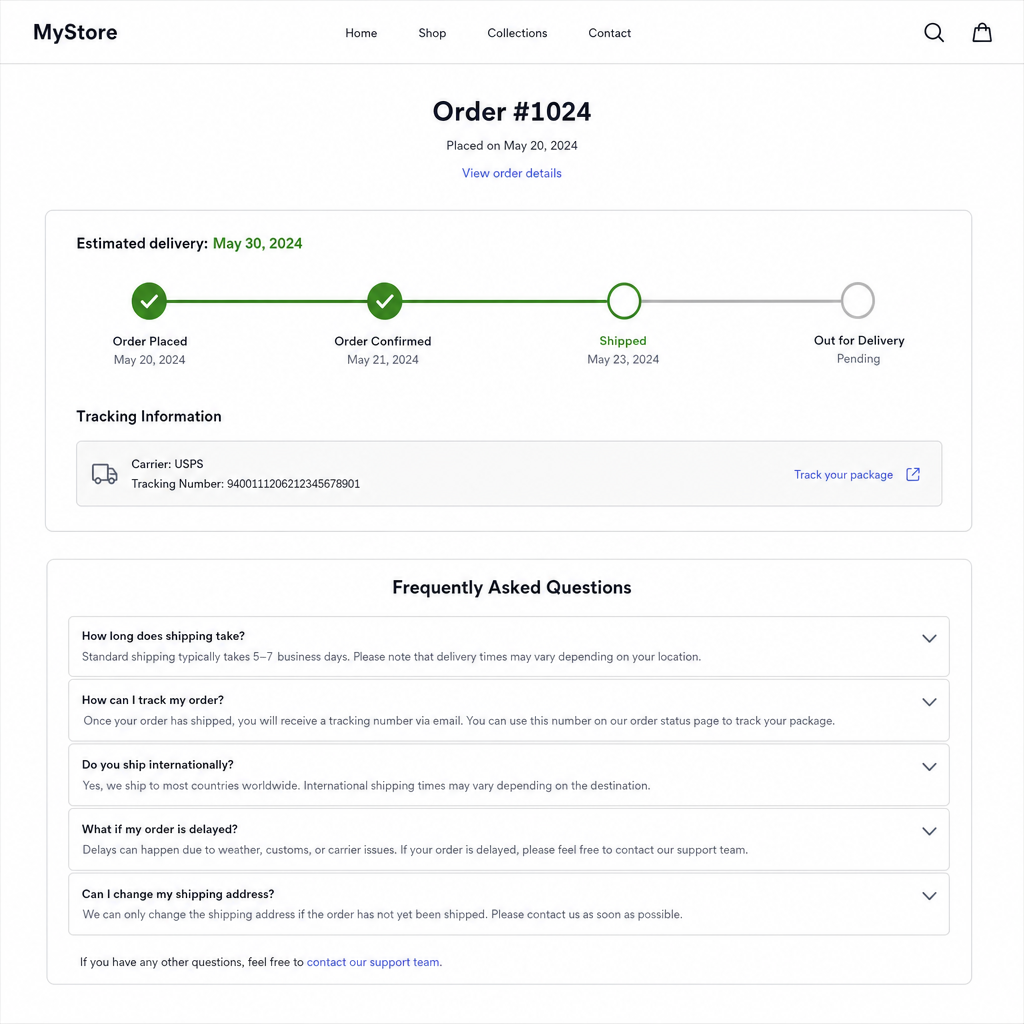 Example Shopify order status page showing tracking timeline and FAQs