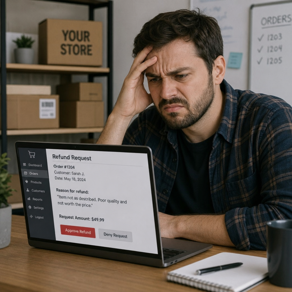 A man looking stressed while looking at a laptop screen displaying a refund request
