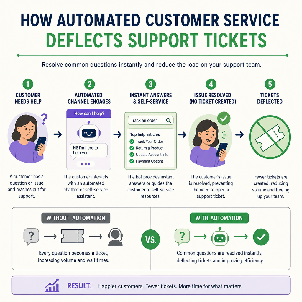 Infographic titled 'How Automated Customer Service Deflects Support Tickets' showing five steps: customer needs help, automated channel engages, instant answers & self-service, issue resolved (no ticket created), tickets deflected — plus a 'Without Automation' vs 'With Automation' comparison.