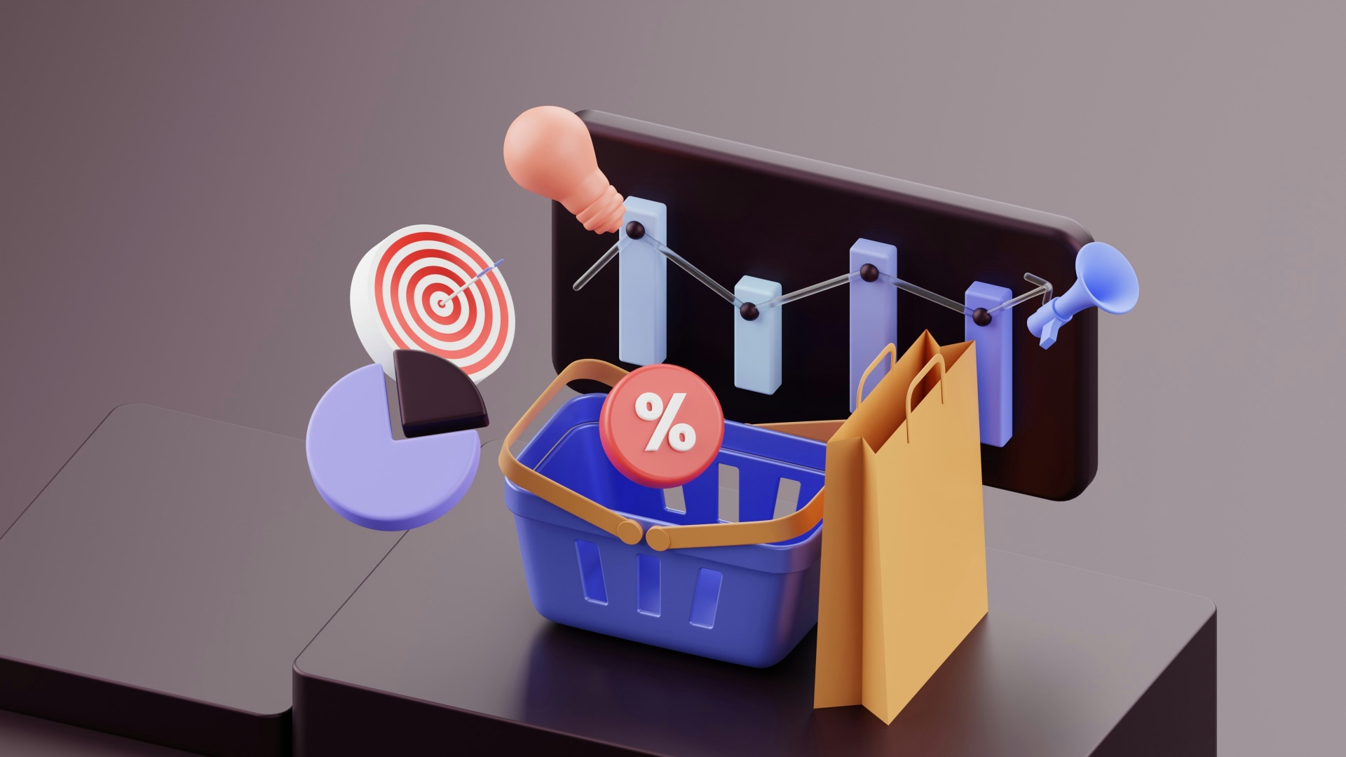 3D illustration of a shopping basket, paper bag, target, pie chart, and bar graph representing Shopify automation tools and analytics