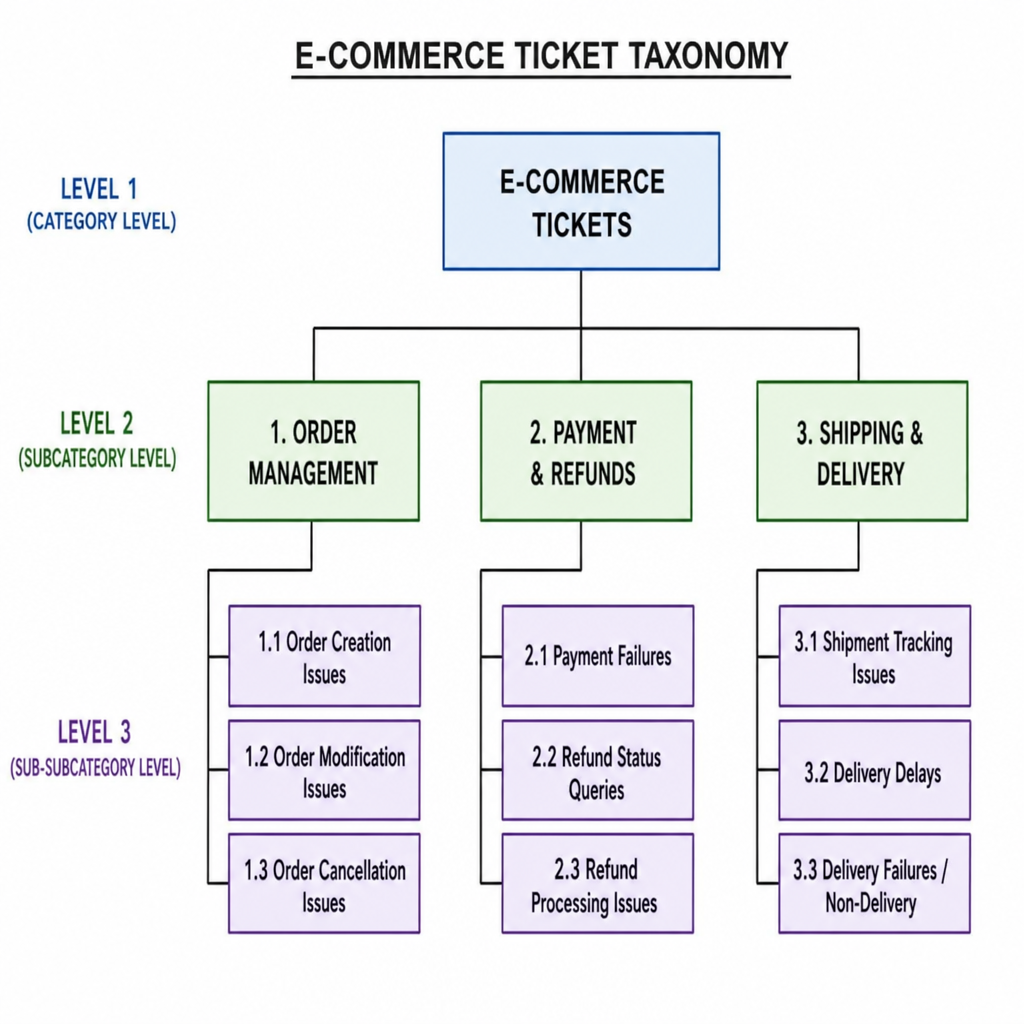 E-commerce ticket taxonomy diagram showing three nested category levels